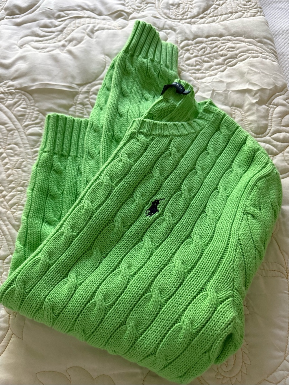 Ralph Lauren Neon Green Cable-Knit Crewneck Sweater